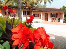 Pool-equipped hotel nestled in a tropical garden on Bubaque island, Guinea Bissau